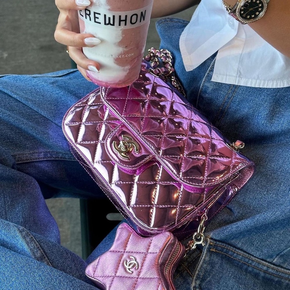 New 24C Chanel Light Purple Mirrored metallic Mini Square Flap Bag Star Handbag - Picture 1 of 4